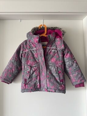 OshKosh B'gosh Gray and Pink Floral Puffer Jacket with Faux Fur Hood 3T